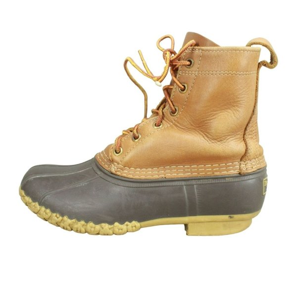 LL Bean Brown Leather Lace Up Unlined Ankle Duck Boots Size 8 M - Picture 1 of 9